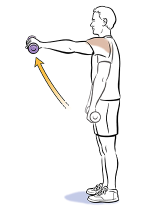Man doing front raise arm lifts with hand weights.
