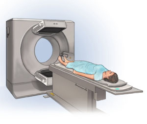 Woman lying on back on scanner table. Table ready to slide into ring-shaped scanner.