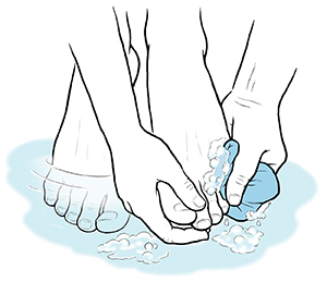 Manos con una toalla para lavarse los pies con agua y jabón.
