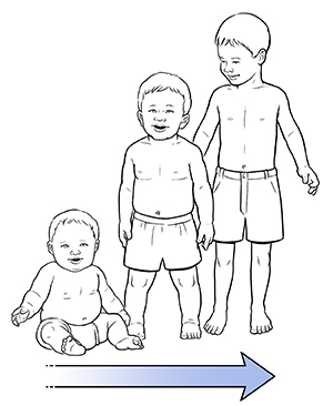 Bebé regordete de 6 meses. Bebé regordete de 12 a 18 meses. Niño de 3 años de edad delgado. La flecha muestra cómo el bebé crece hasta convertirse en un niño pequeño delgado.
