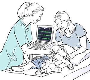 Un proveedor de atención médica haciendo un electrocardiograma a un niño mientras una mujer los mira.